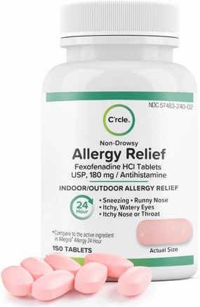 C'rcle Fexofenadine 180mg 150 Tablets, Allergy Pills Non Drowsy & 24 Hour Allergy Medicine to Support All Day Allergy Relief - Allergy Medication Antihistamine Tablets for Adults Allergy Symptoms