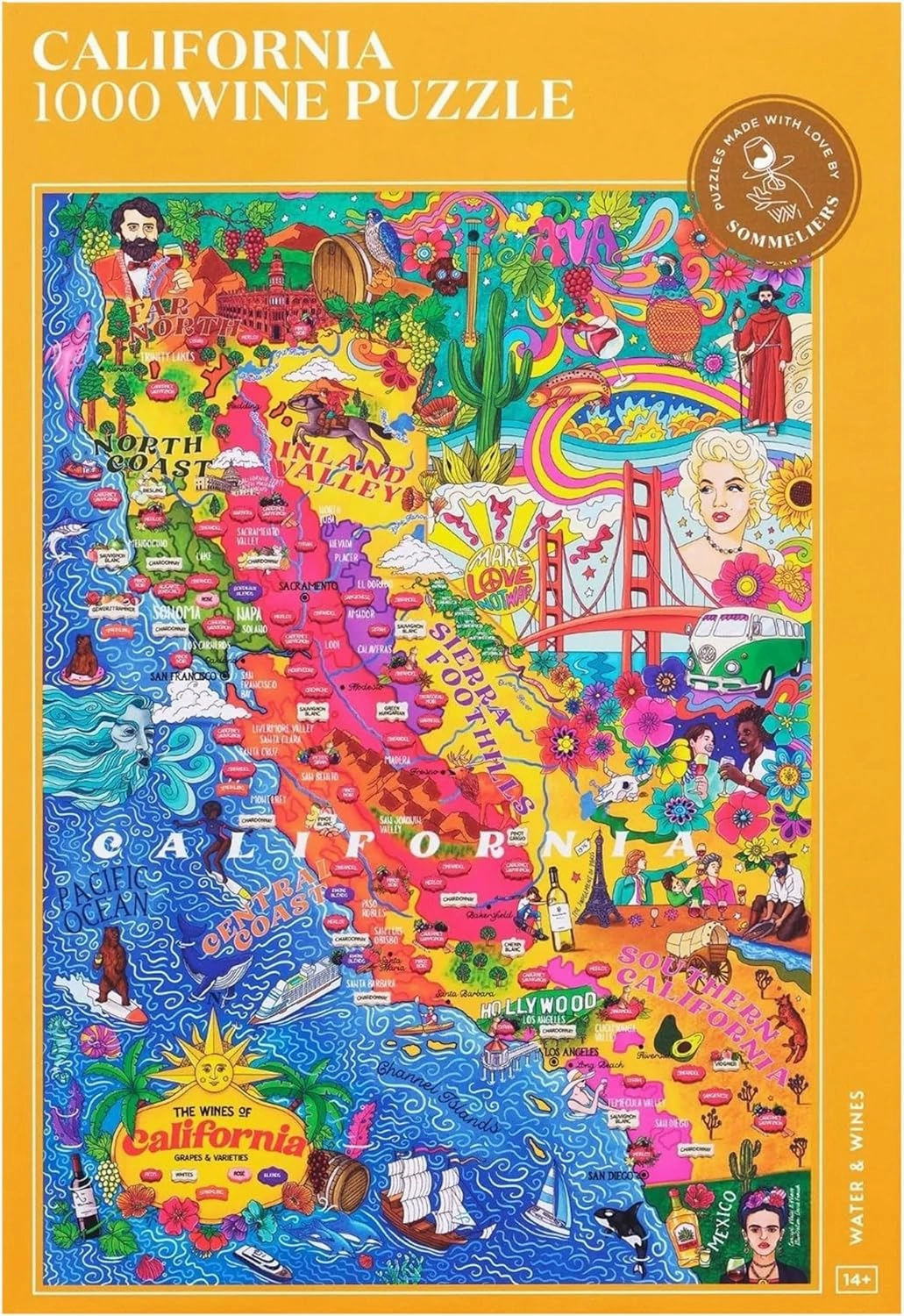 California Wine Puzzle, 1000 Piece Puzzle for Adults - Hand-Drawn Jigsaw Puzzle Featuring California Wines & Geography