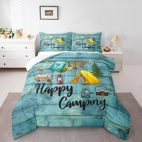 Camper Theme Bedding Twin Happy Camping Comforter Set Wooden Cabin Decor Bedding Comforter Sets for Boys Girls Kids Bedroom, Vintage Rustic Farmhouse Lightweight Duvet Insert with 1 Pillowcase, Teal
