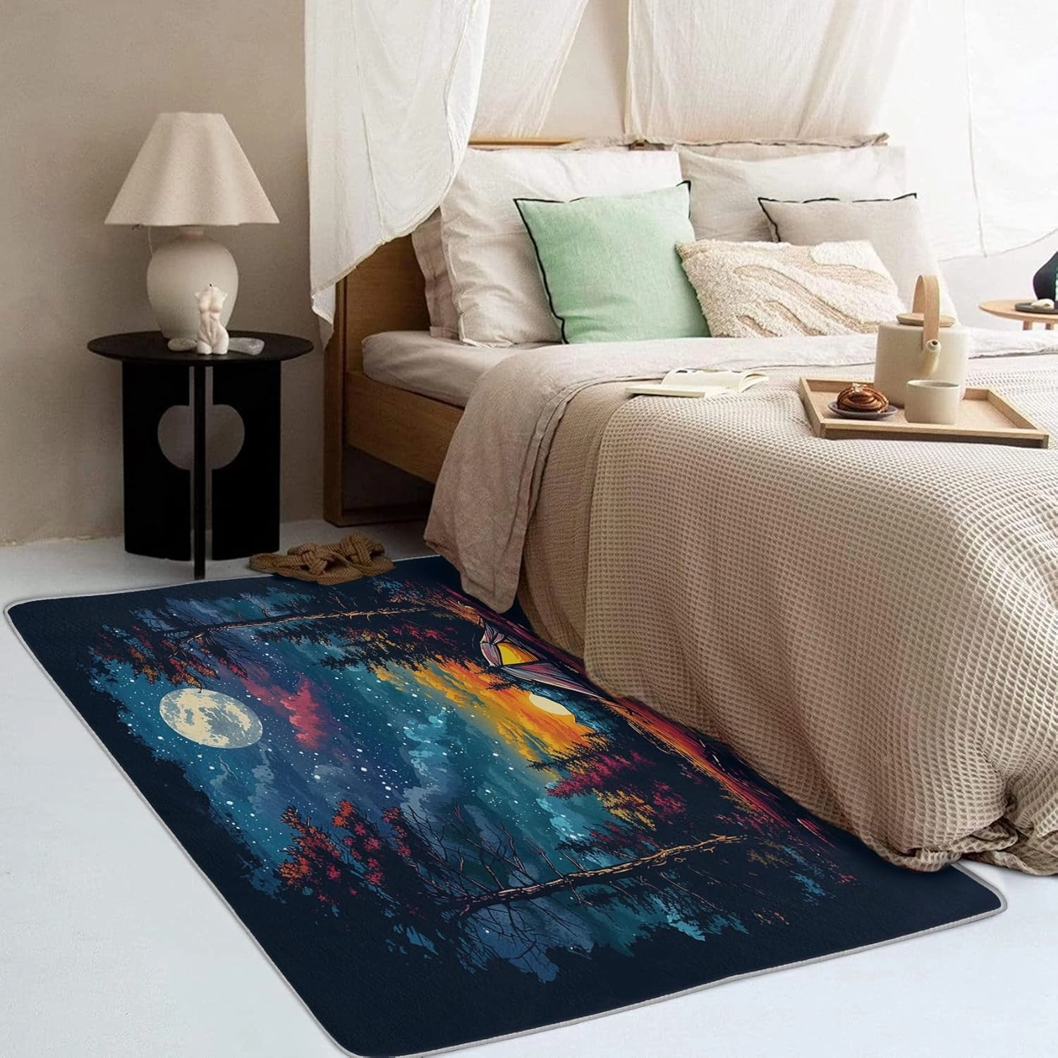Camping Sunset Rug 2x3 Rug Door Mat for Entryway, Full Moon Starry Throw Rugs Non Slip Low Pile, Forest Cloudy Sky Area Rug Soft Washable Rug for Living Room Bedroom