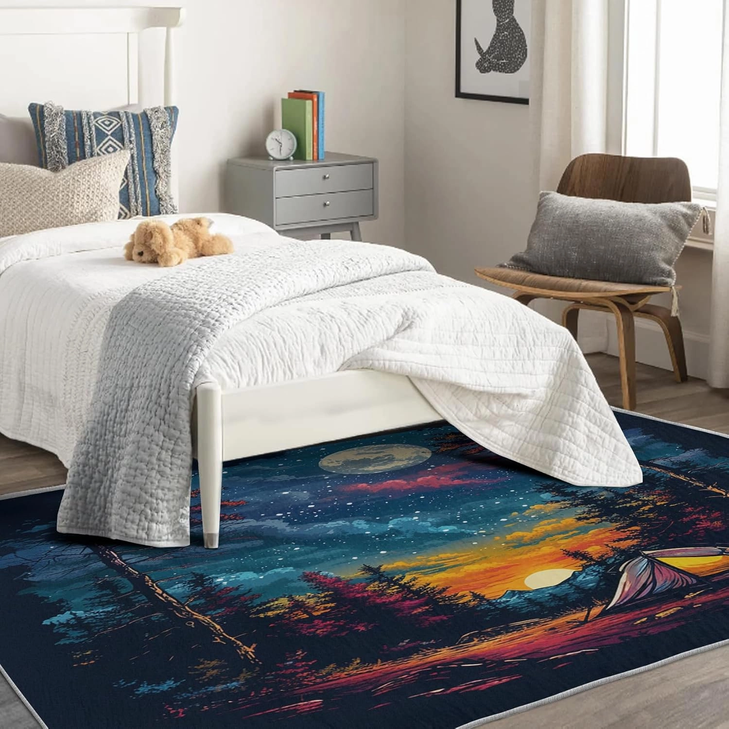 Camping Sunset Rug 2x3 Rug Door Mat for Entryway, Full Moon Starry Throw Rugs Non Slip Low Pile, Forest Cloudy Sky Area Rug Soft Washable Rug for Living Room Bedroom