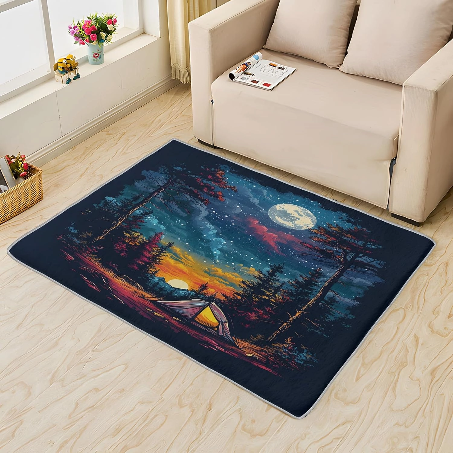 Camping Sunset Rug 2x3 Rug Door Mat for Entryway, Full Moon Starry Throw Rugs Non Slip Low Pile, Forest Cloudy Sky Area Rug Soft Washable Rug for Living Room Bedroom
