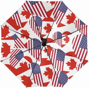 Canadian American Flag Heart Portable Automatic Umbrella Windproof Auto Open Close Compact Waterproof Lightweight Umbrellas