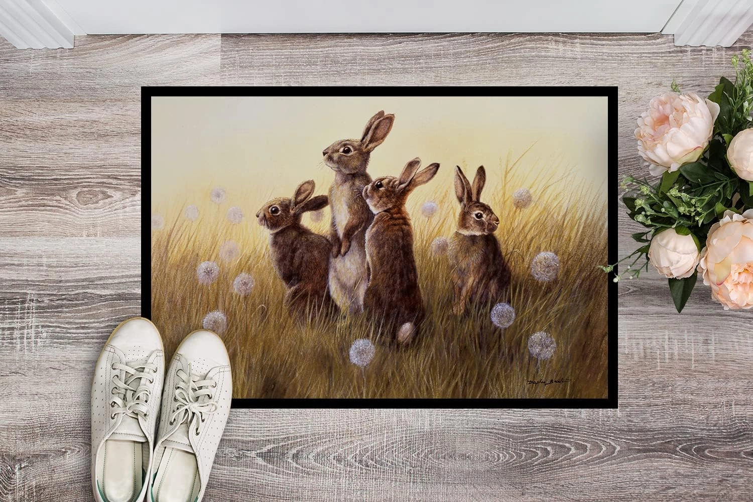 Caroline's Treasures BDBA0144JMAT Rabbits in The Dandelions Doormat 24x36 Front Door Mat Indoor Outdoor Rugs for Entryway, Non Slip Washable Low Pile, 24H X 36W