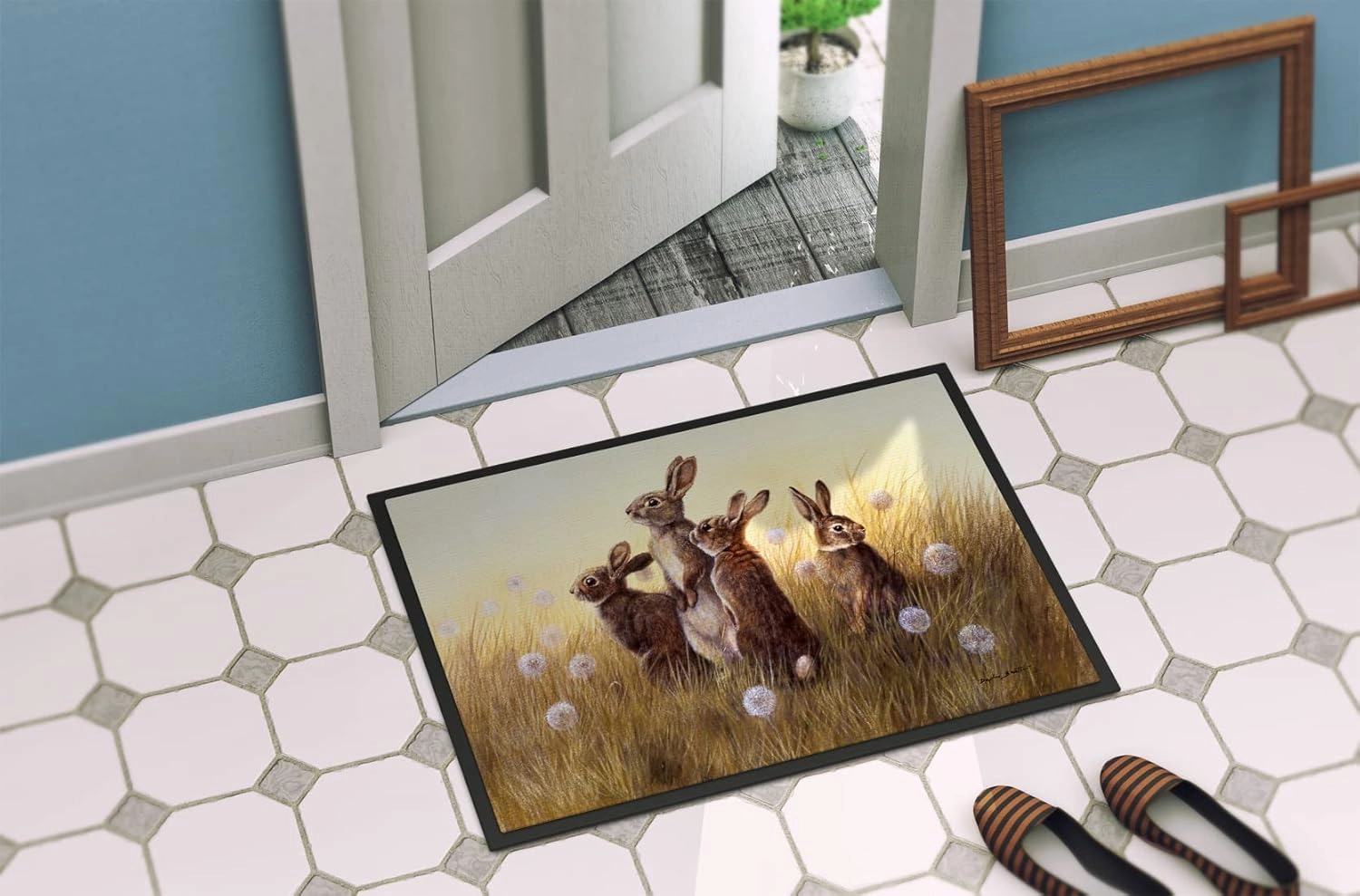 Caroline's Treasures BDBA0144JMAT Rabbits in The Dandelions Doormat 24x36 Front Door Mat Indoor Outdoor Rugs for Entryway, Non Slip Washable Low Pile, 24H X 36W