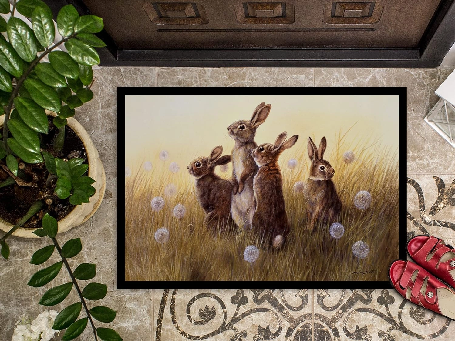 Caroline's Treasures BDBA0144JMAT Rabbits in The Dandelions Doormat 24x36 Front Door Mat Indoor Outdoor Rugs for Entryway, Non Slip Washable Low Pile, 24H X 36W