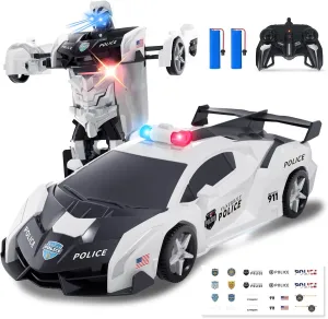 Carox Transform Remote Control Car - Transform Robot RC Car with Laser Eyes, 2.4Ghz Transforming Police Car Toy with 3D Crystal DIY Stickers, One-Button Deformation Toys for Kids