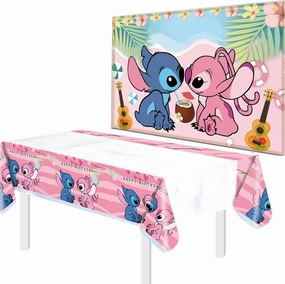 Cartoon Birthday Party Supplies Set – 70x42 Inch Pink Cartoon Tablecloth with 5ftx3ft Photo Background Pink Backdrop for Birthday Tablecover and Banner for Party