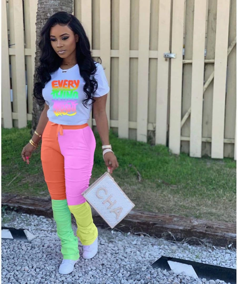 Casual 2 Piece Outfit Sets for Women Color Block Short Sleeve T-Shirts   Stacked Flare Pants Tracksuit Sweatsuit