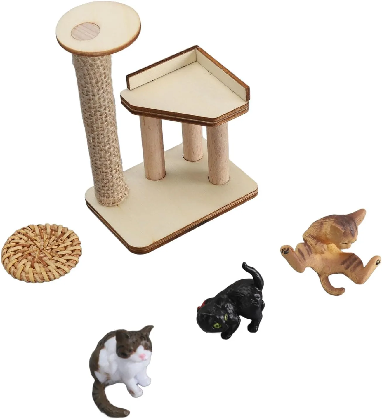 Cat Figurine Playset Miniature Climbing Frame Adorable Cat Tree Interactive Dollhouse Toys for Cat Lover (Woven Mat Type)