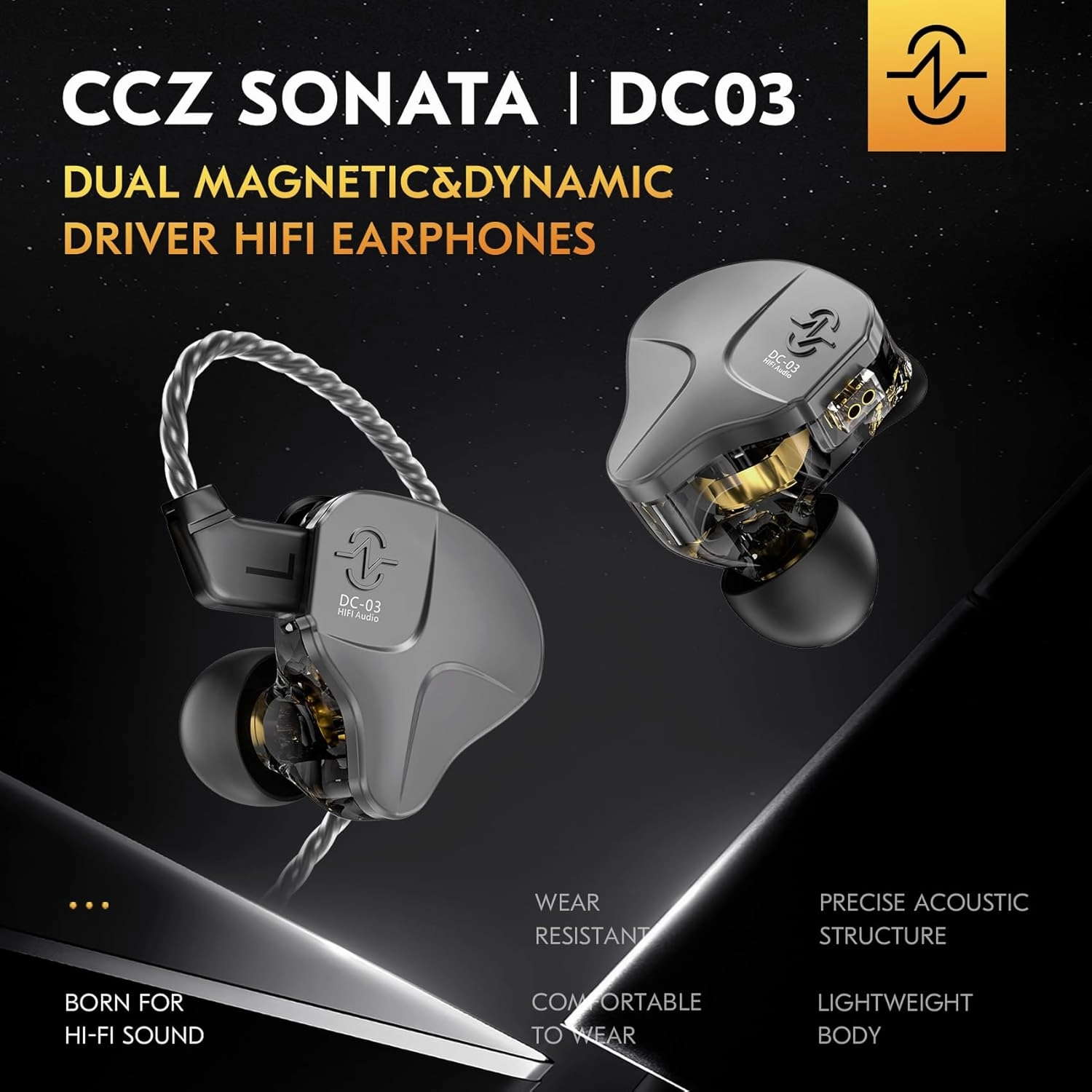 CCZ DC03 in Ear Monitor Headphones, IEM Earphones Wired Earbuds without Microphone, Noise Cancelling inear Headphones Wired, 1DD Powerful Bass HiFi Ear Buds, IEM for Gaming Music (Silver, without Mic)