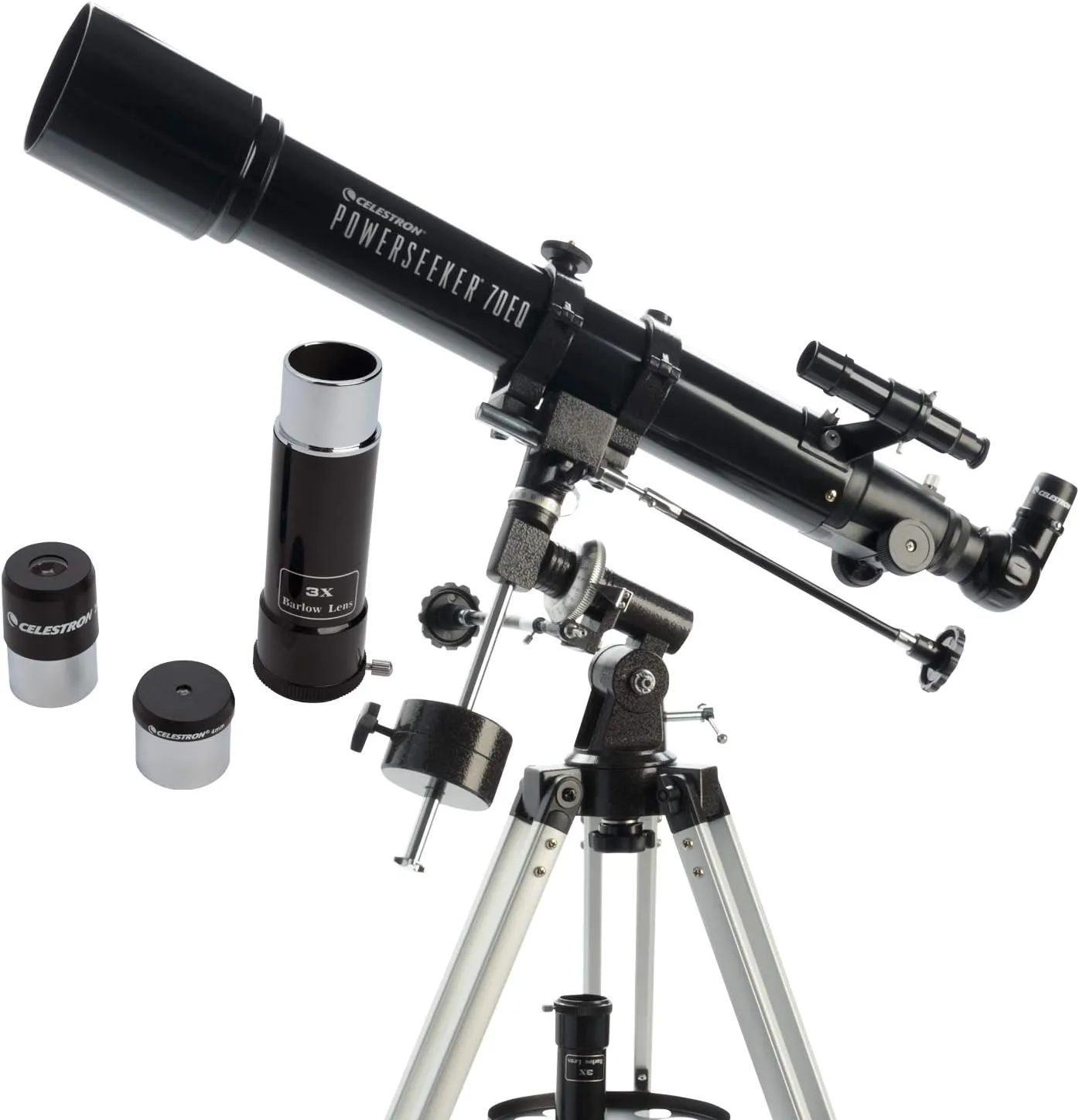 Celestron 21037 PowerSeeker 70EQ Refractor Telescope - Includes Two Eyepieces, Erect Image Diagonal, 3X Barlow Lens, Height-Adjustable Tripod and Deluxe Accessory Tray, Black