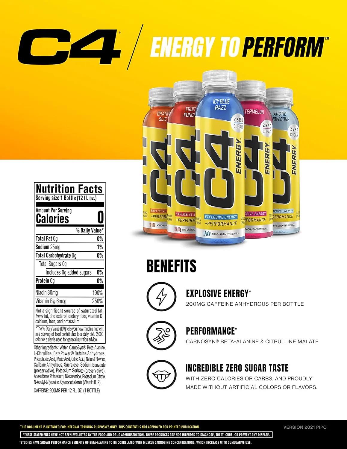 Cellucor C4 Energy Non-Carbonated Zero Sugar Energy Drink, Pre Workout Drink   Beta Alanine - Fruit Punch - 12 FL OZ (355 ml) - Pack of 12