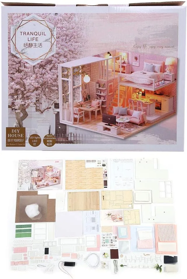 Changor Wooden Miniature Dollhouse Kit LED Light Furniture DIY Adult Kids Gifts for Home Decor