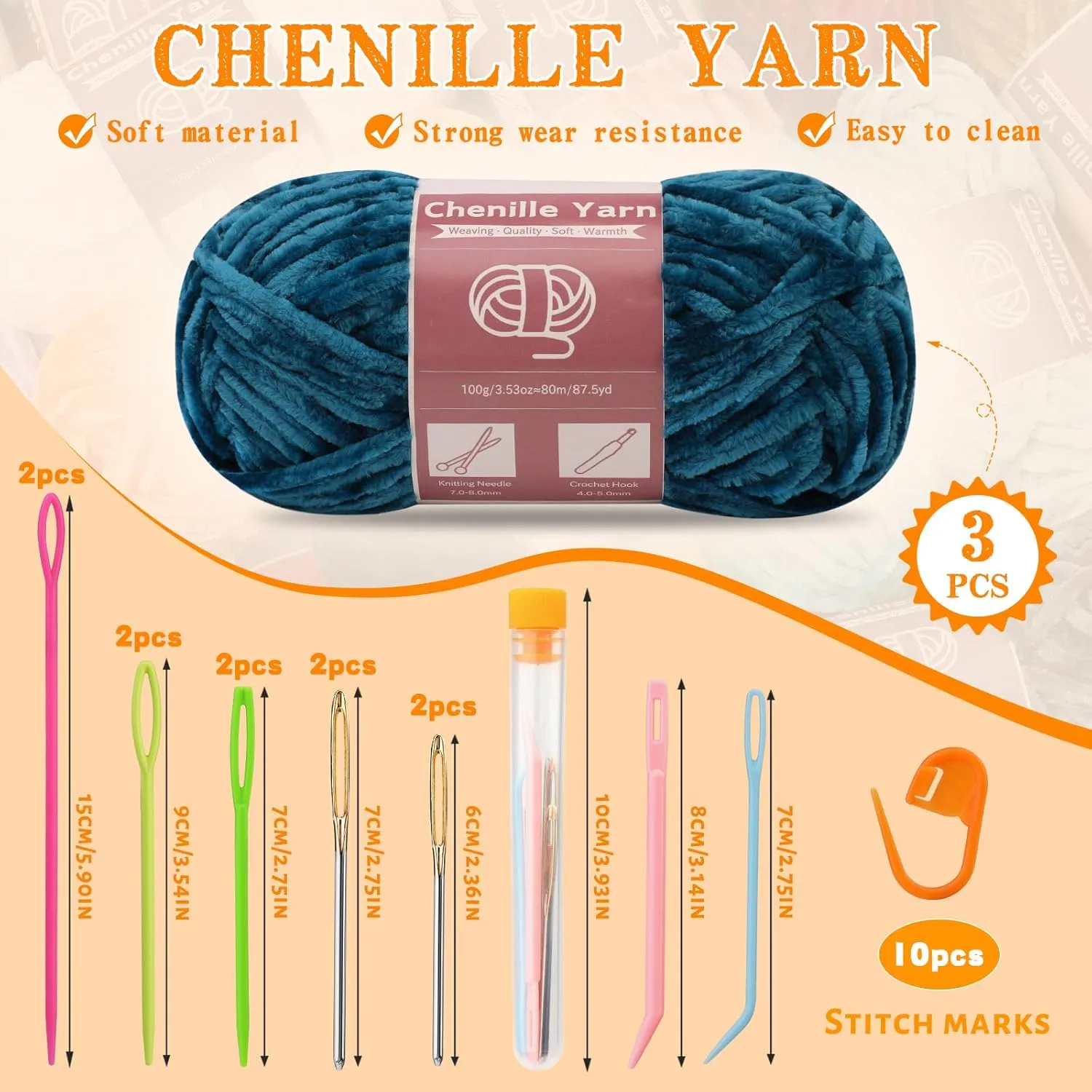 Chenille Yarn for Crocheting Knitting, 3 Skein 263 Yard Thick Soft Chunky Fluffy Weaving Plush Yarn for Blankets Clothes Pattern Creations with Big Eye Needles (Marine Green)