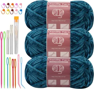 Chenille Yarn for Crocheting Knitting, 3 Skein 263 Yard Thick Soft Chunky Fluffy Weaving Plush Yarn for Blankets Clothes Pattern Creations with Big Eye Needles (Marine Green)