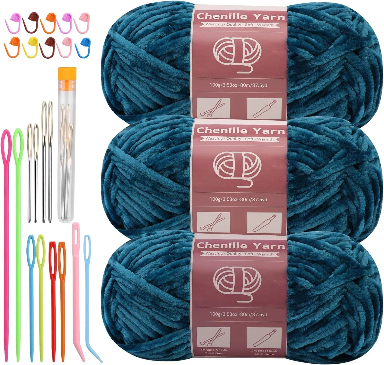 Chenille Yarn for Crocheting Knitting, 3 Skein 263 Yard Thick Soft Chunky Fluffy Weaving Plush Yarn for Blankets Clothes Pattern Creations with Big Eye Needles (Marine Green)