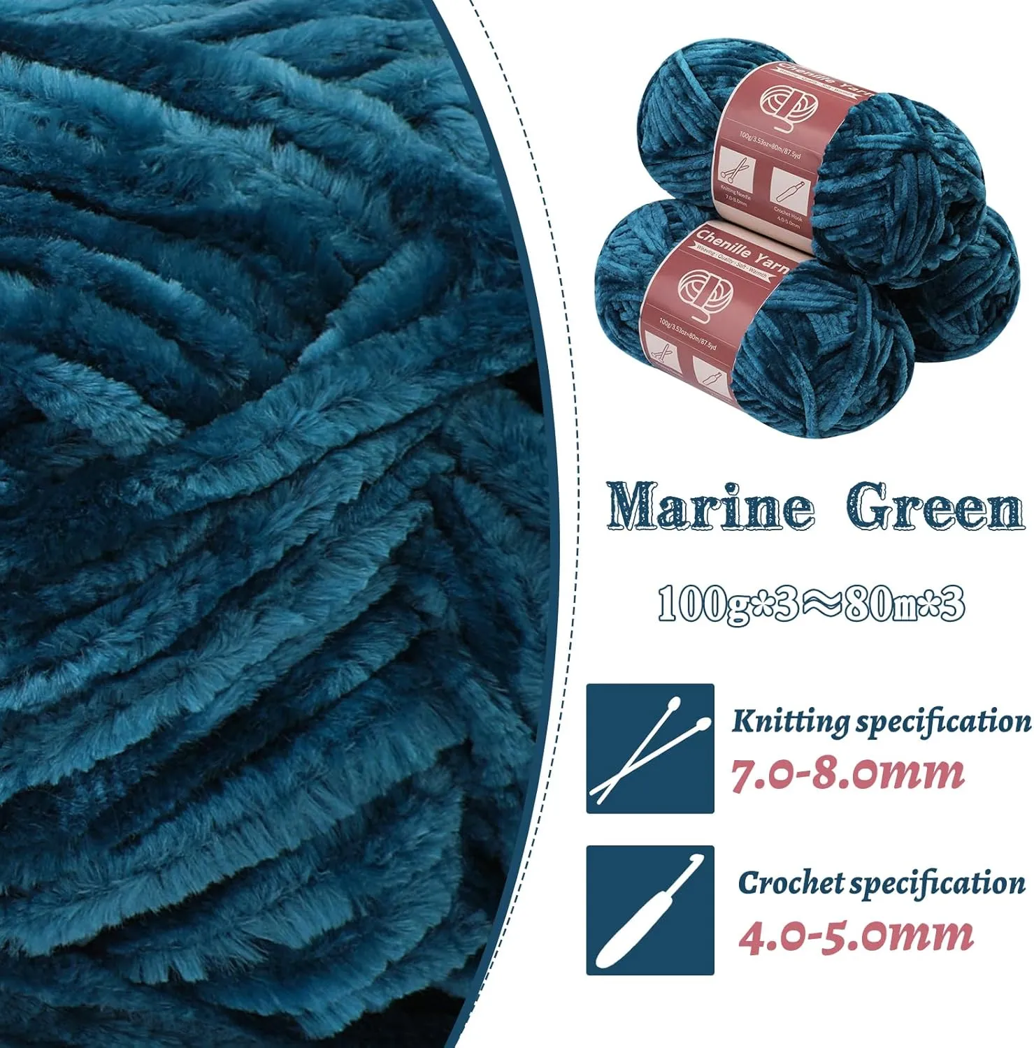 Chenille Yarn for Crocheting Knitting, 3 Skein 263 Yard Thick Soft Chunky Fluffy Weaving Plush Yarn for Blankets Clothes Pattern Creations with Big Eye Needles (Marine Green)