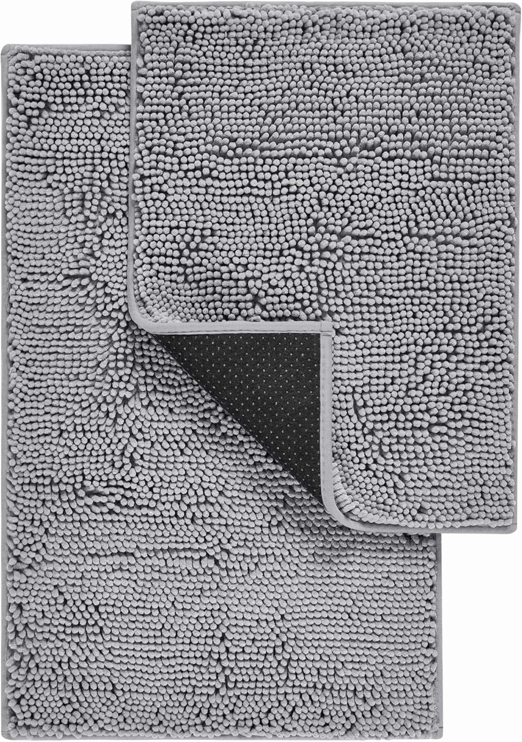 Chenille Bathroom Rugs Sets 3 Piece, Thick Plush Bath Rugs Non Slip Washable, Tub and Shower Soft Microfiber Bathroom Floor Mat, Grey