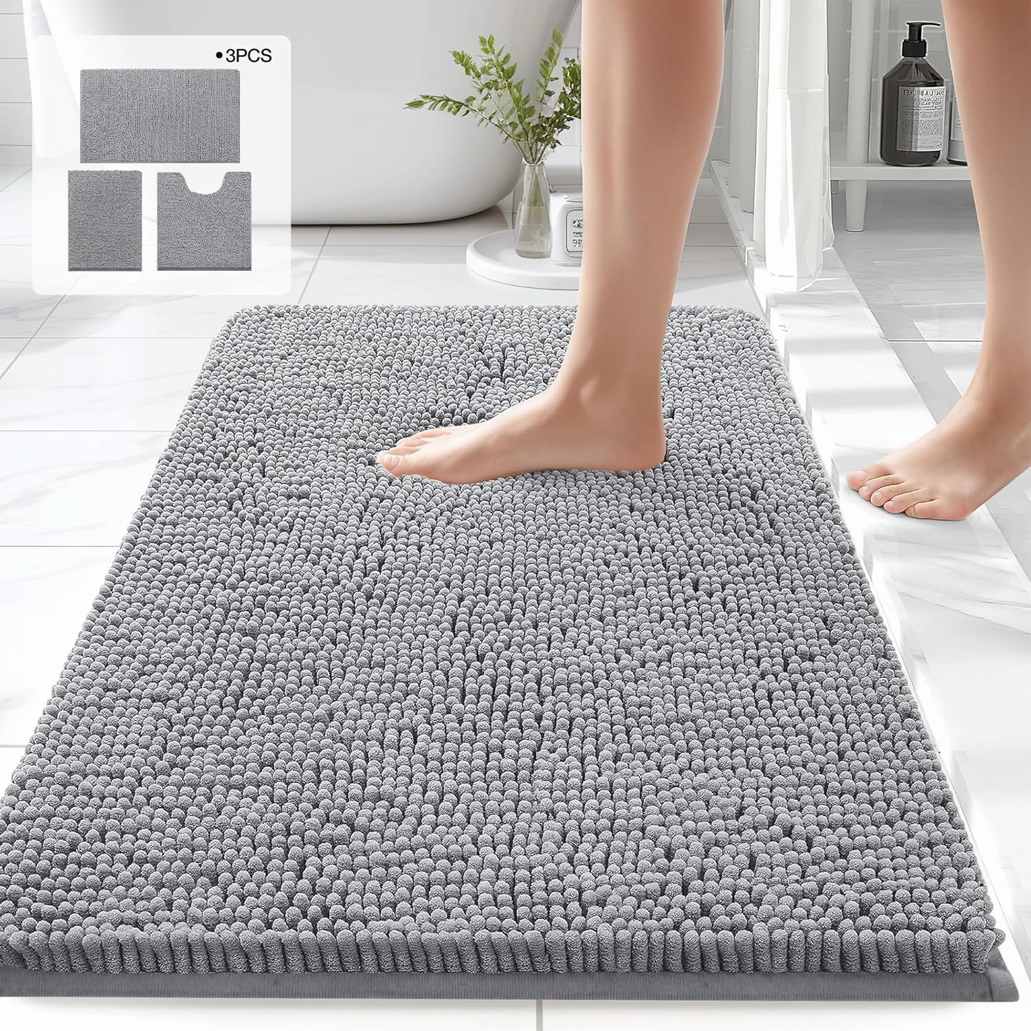 Chenille Bathroom Rugs Sets 3 Piece, Thick Plush Bath Rugs Non Slip Washable, Tub and Shower Soft Microfiber Bathroom Floor Mat, Grey