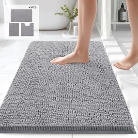Chenille Bathroom Rugs Sets 3 Piece, Thick Plush Bath Rugs Non Slip Washable, Tub and Shower Soft Microfiber Bathroom Floor Mat, Grey