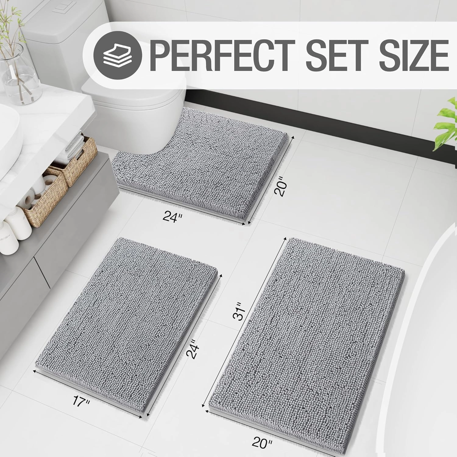 Chenille Bathroom Rugs Sets 3 Piece, Thick Plush Bath Rugs Non Slip Washable, Tub and Shower Soft Microfiber Bathroom Floor Mat, Grey