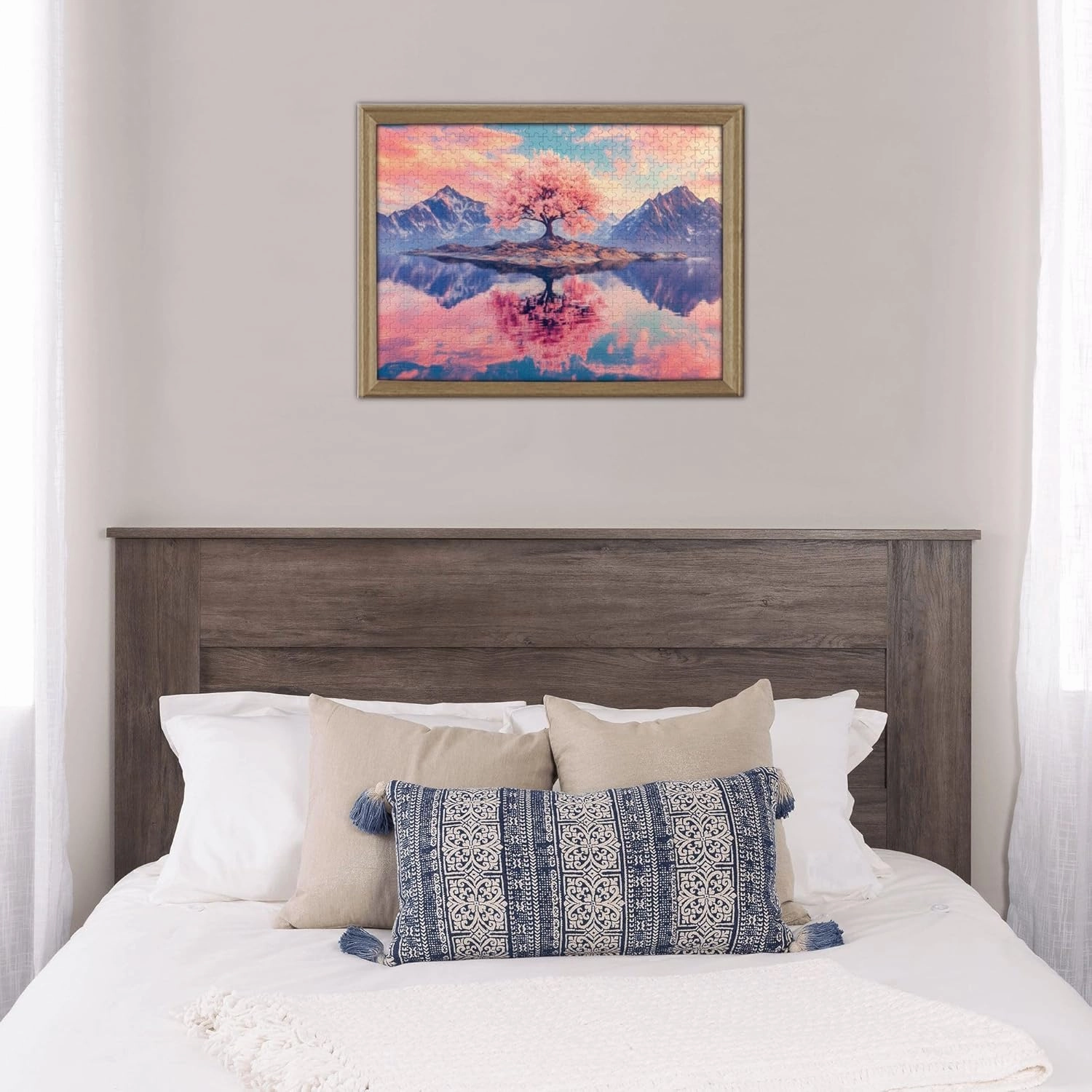 Cherry Blossom Tree Puzzle 500 Pieces – Pink Sakura on Lake Island with Majestic Mountains, Tranquil Nature Jigsaw for Adults & Zen Lovers