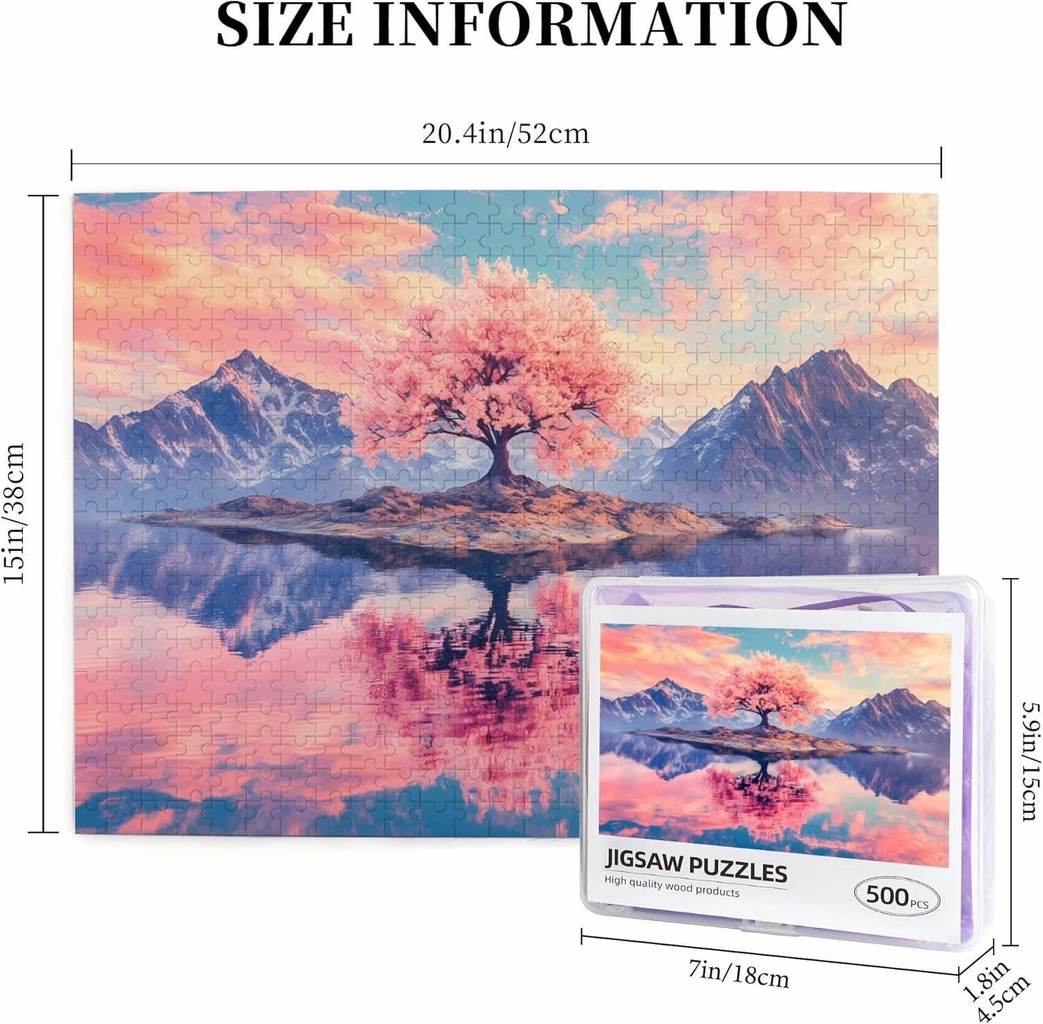 Cherry Blossom Tree Puzzle 500 Pieces – Pink Sakura on Lake Island with Majestic Mountains, Tranquil Nature Jigsaw for Adults & Zen Lovers