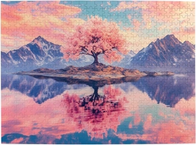 Cherry Blossom Tree Puzzle 500 Pieces – Pink Sakura on Lake Island with Majestic Mountains, Tranquil Nature Jigsaw for Adults & Zen Lovers