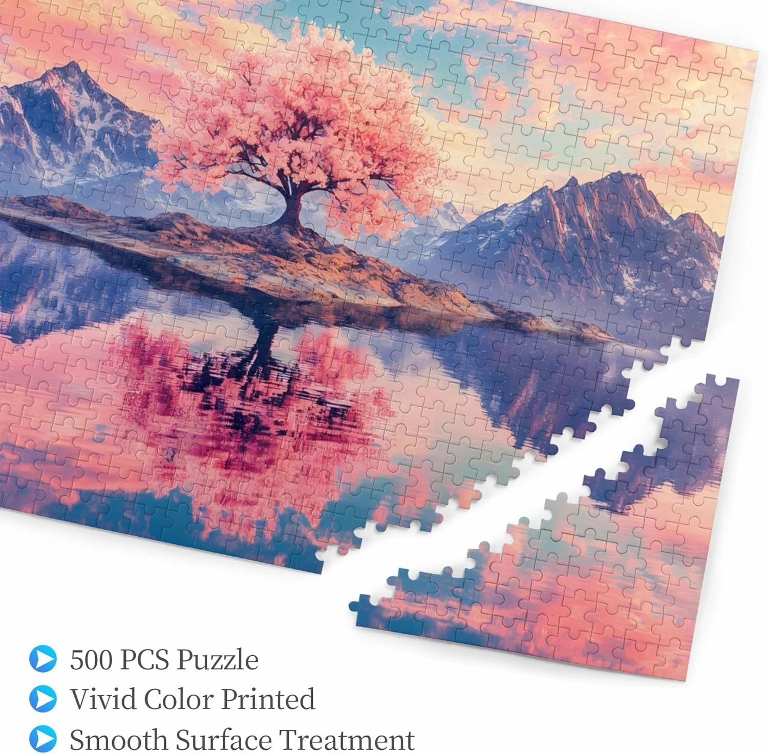 Cherry Blossom Tree Puzzle 500 Pieces – Pink Sakura on Lake Island with Majestic Mountains, Tranquil Nature Jigsaw for Adults & Zen Lovers