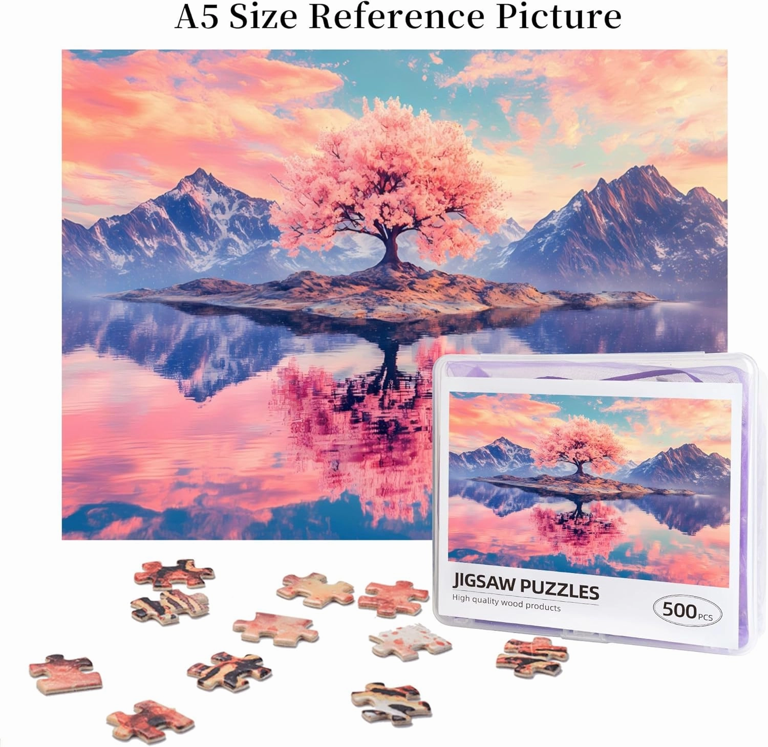 Cherry Blossom Tree Puzzle 500 Pieces – Pink Sakura on Lake Island with Majestic Mountains, Tranquil Nature Jigsaw for Adults & Zen Lovers