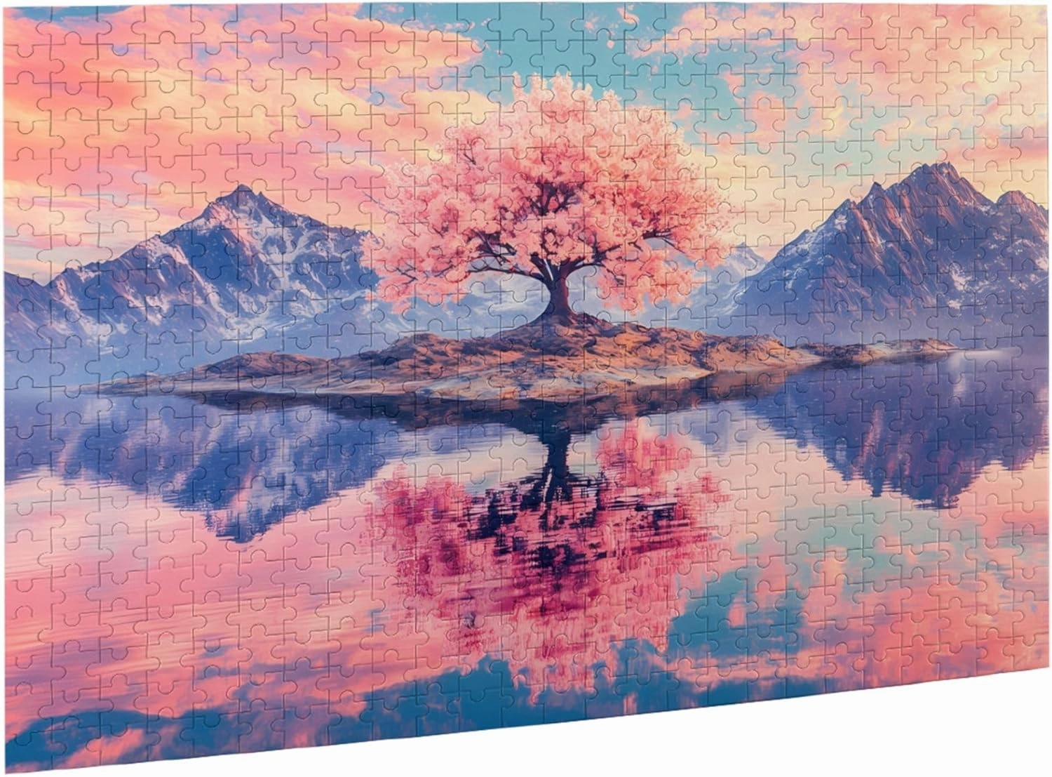 Cherry Blossom Tree Puzzle 500 Pieces – Pink Sakura on Lake Island with Majestic Mountains, Tranquil Nature Jigsaw for Adults & Zen Lovers