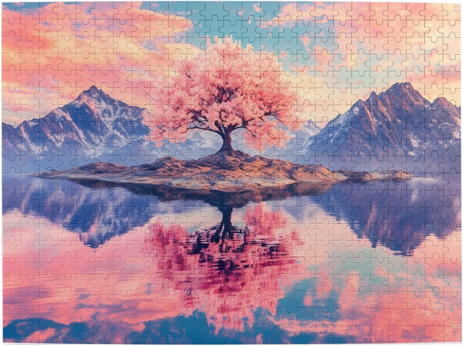 Cherry Blossom Tree Puzzle 500 Pieces – Pink Sakura on Lake Island with Majestic Mountains, Tranquil Nature Jigsaw for Adults & Zen Lovers