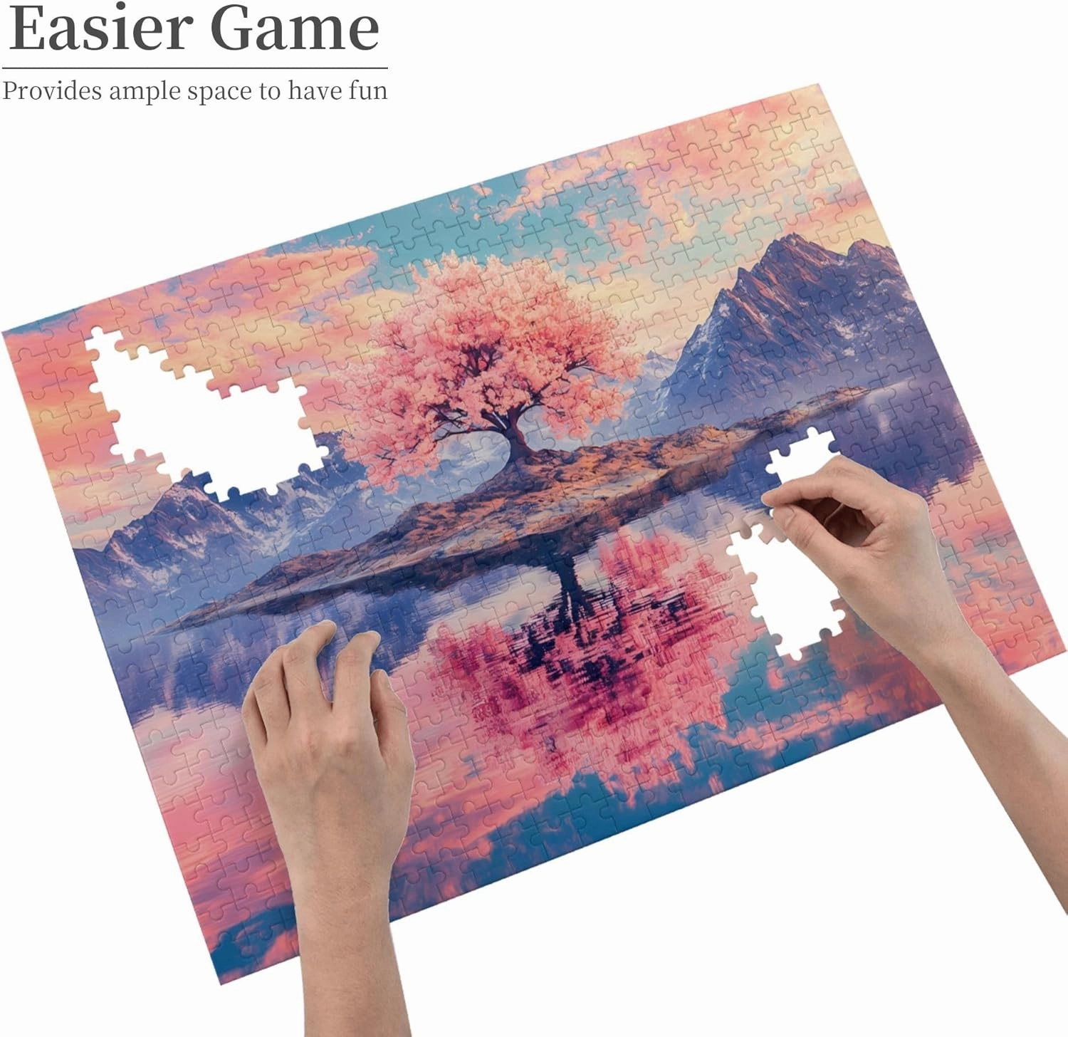 Cherry Blossom Tree Puzzle 500 Pieces – Pink Sakura on Lake Island with Majestic Mountains, Tranquil Nature Jigsaw for Adults & Zen Lovers