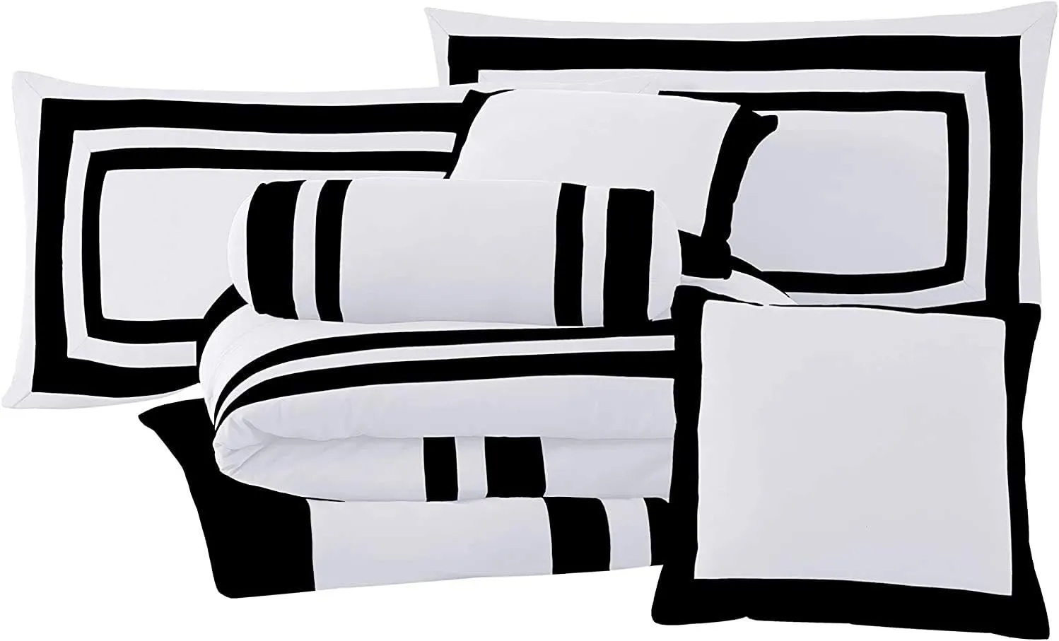 Chezmoi Collection 7-Piece Hotel Bedding White Black Square Block Pattern Comforter Set, Queen