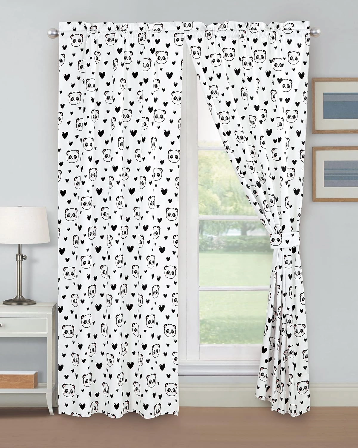 Chezmoi Collection 4-Piece Kids/Teens Panda Love Window Curtain Set - Soft Microfiber Black White Girls Printed Love Panda Hearts Whimsical Fun Kids Rod Pocket Drapes, 2-Panels (42" W x 63" L)