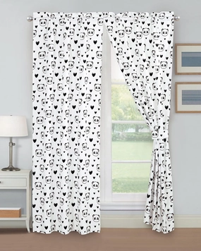 Chezmoi Collection 4-Piece Kids/Teens Panda Love Window Curtain Set - Soft Microfiber Black White Girls Printed Love Panda Hearts Whimsical Fun Kids Rod Pocket Drapes, 2-Panels (42" W x 63" L)