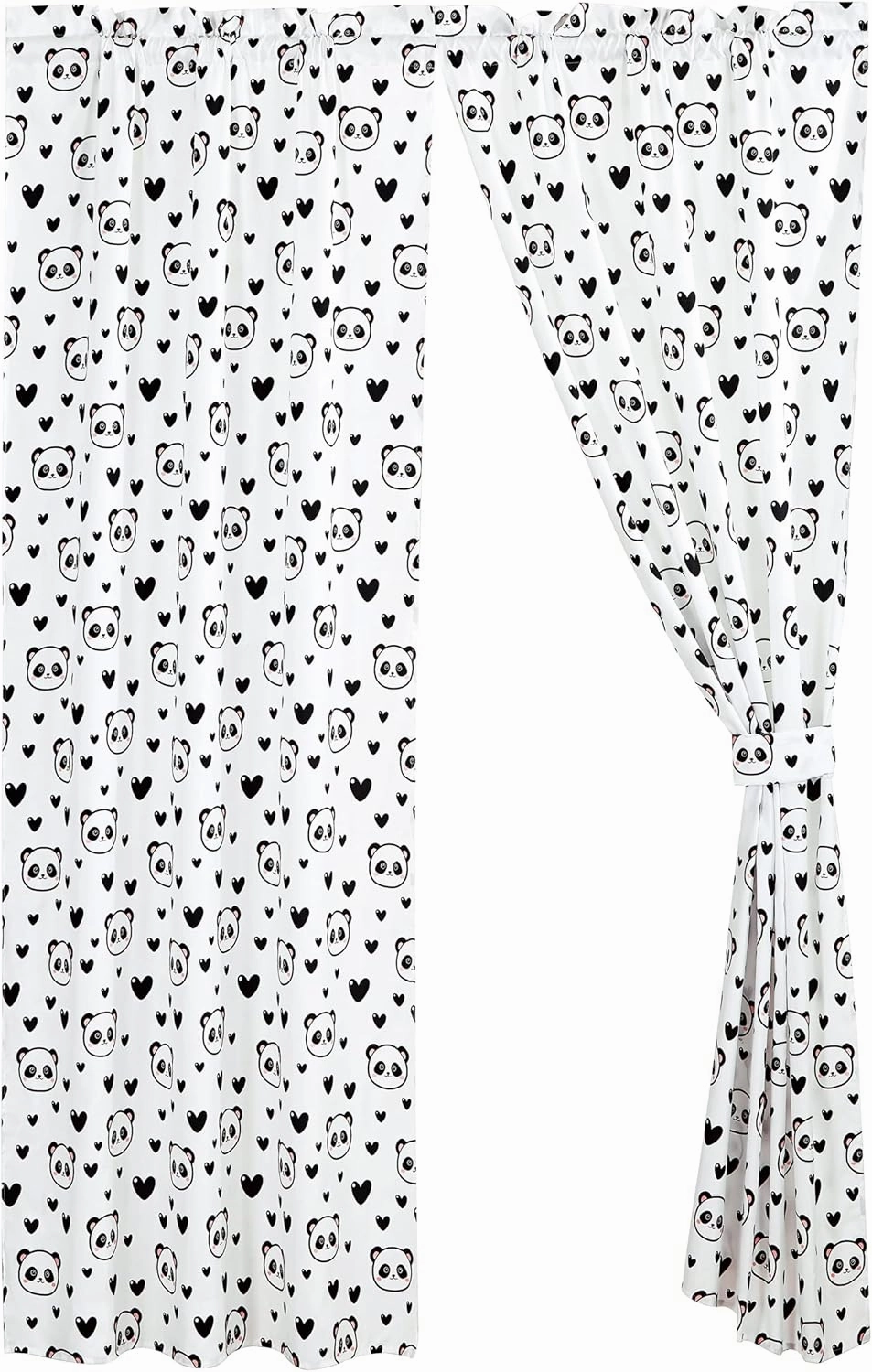 Chezmoi Collection 4-Piece Kids/Teens Panda Love Window Curtain Set - Soft Microfiber Black White Girls Printed Love Panda Hearts Whimsical Fun Kids Rod Pocket Drapes, 2-Panels (42" W x 63" L)
