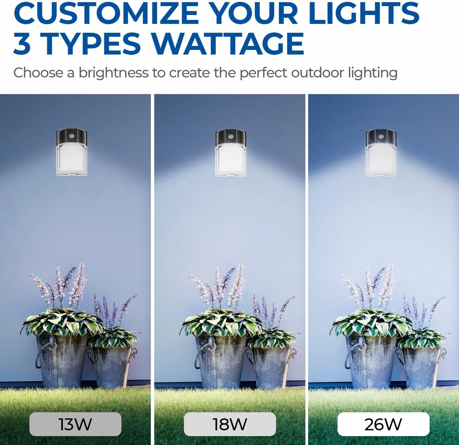 CINOTON 26W LED Wall Pack Light with Dusk to Dawn Sensor, 3CCT 3000K/4000K/5000K, 26W/18W/13W Switchable, [100-277Vac] IP65 Waterproof Outdoor Security Flood Lighting for Garage Warehouse 2 Pack