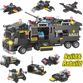 City Police Station Building Blocks Set, Urban SWAT Mobile Command Center Truck Building Toy 9 Models with Robot Police Patrol Boat and Helicopter for Ages 6  Boys and Girls 1006 Pieces