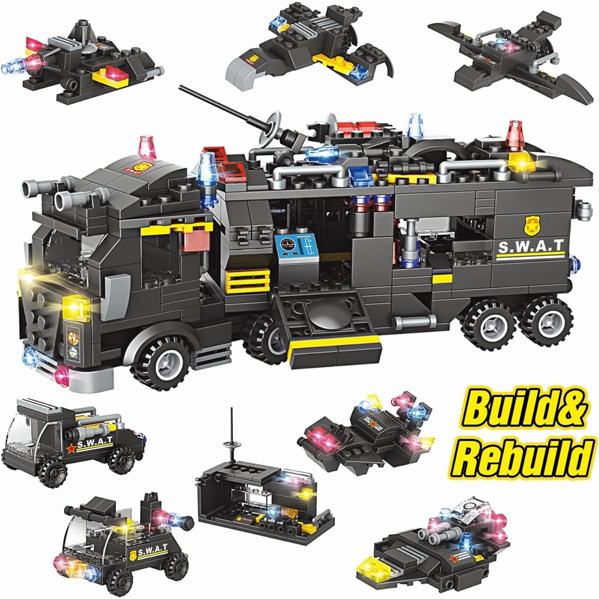 City Police Station Building Blocks Set, Urban SWAT Mobile Command Center Truck Building Toy 9 Models with Robot Police Patrol Boat and Helicopter for Ages 6  Boys and Girls 1006 Pieces