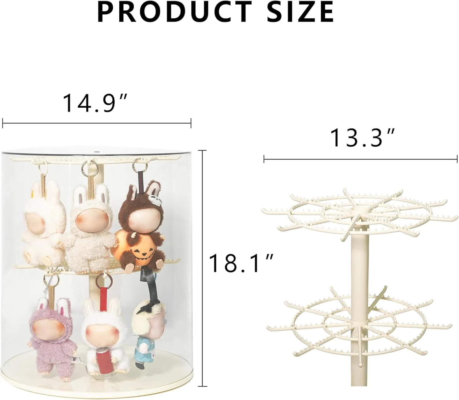 Clear Display Case for LABUBU Plush Dolls and Collectible Toys - 360° Rotating Plastic Dust-Proof Storage Box with Cover, Protective Showcase, No Doll (2-Tier, Cream Yellow)
