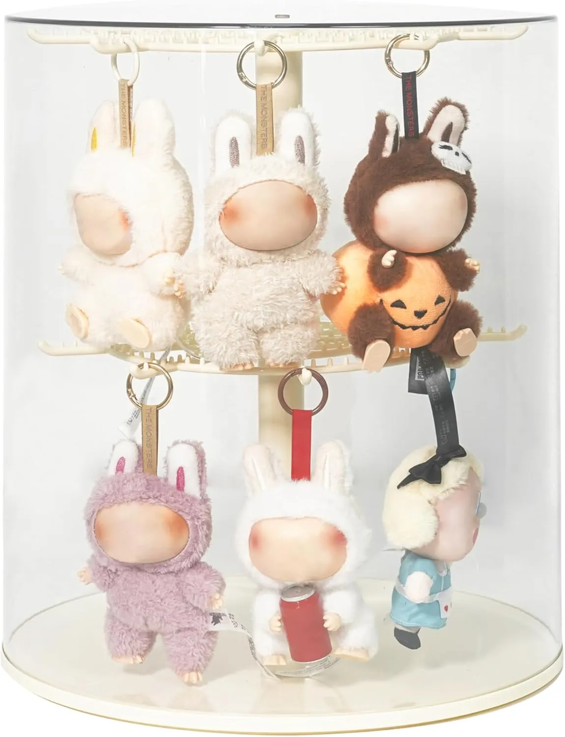 Clear Display Case for LABUBU Plush Dolls and Collectible Toys - 360° Rotating Plastic Dust-Proof Storage Box with Cover, Protective Showcase, No Doll (2-Tier, Cream Yellow)