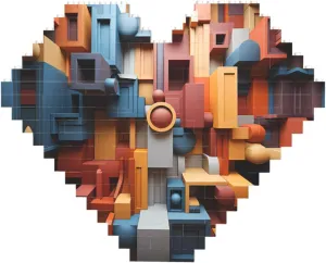 Colorful Cube Space Print Building Brick Block Puzzle - Heart Shaped Picture Puzzles, Wooden Picture Jigsaw Puzzles
