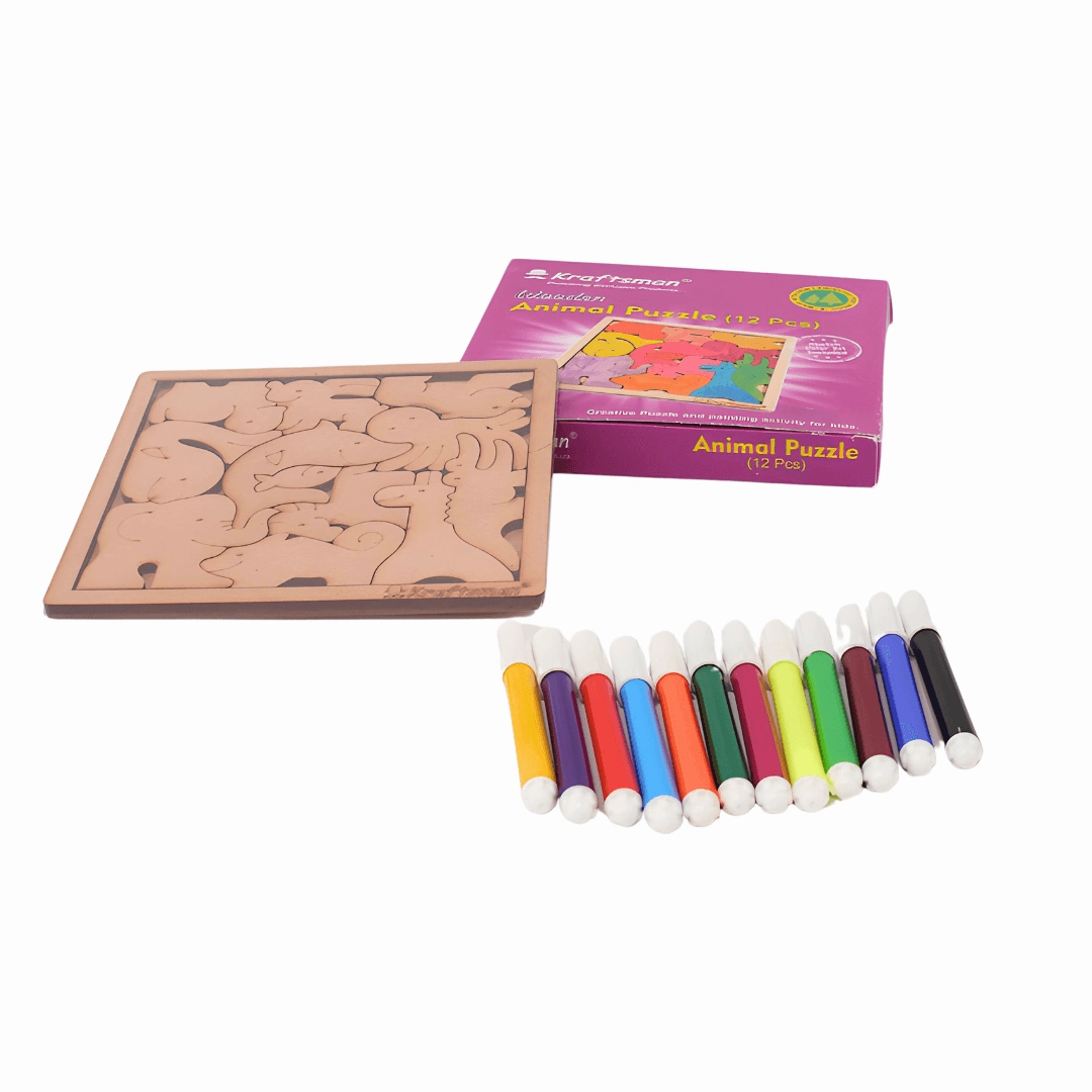 COMBO OF 4 Kraftsman Colouring Animal Puzzles/Layered Puzzle for Kids | Color Kit Included with Random Design