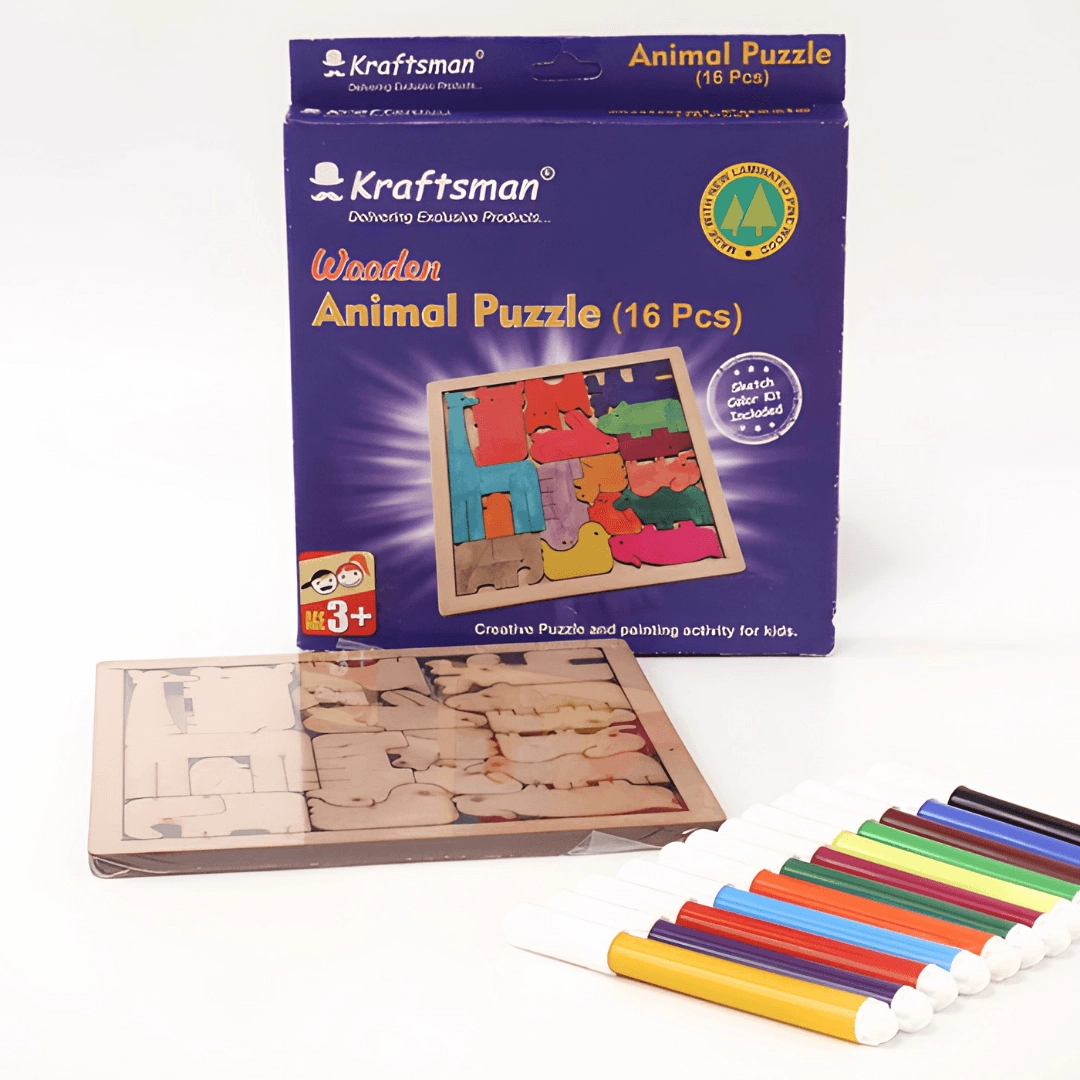 COMBO OF 4 Kraftsman Colouring Animal Puzzles/Layered Puzzle for Kids | Color Kit Included with Random Design