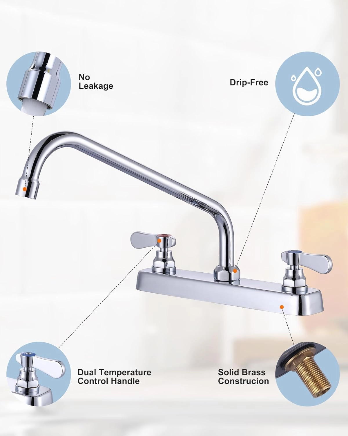 Commercial Kitchen Sink Faucet 12" Swivel Spout with Supply Lines, Brass Deck Mount Kitchen Faucet, Dual Handle Utility Sink Faucet for Laundry Room Restaurant Compartment Sink Polish Chrome