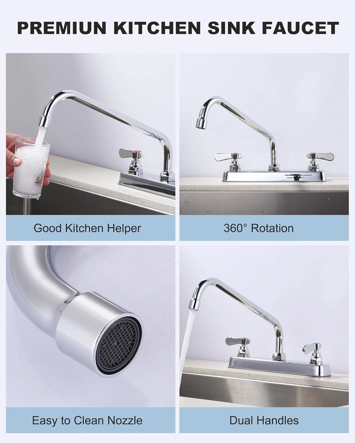 Commercial Kitchen Sink Faucet 12" Swivel Spout with Supply Lines, Brass Deck Mount Kitchen Faucet, Dual Handle Utility Sink Faucet for Laundry Room Restaurant Compartment Sink Polish Chrome