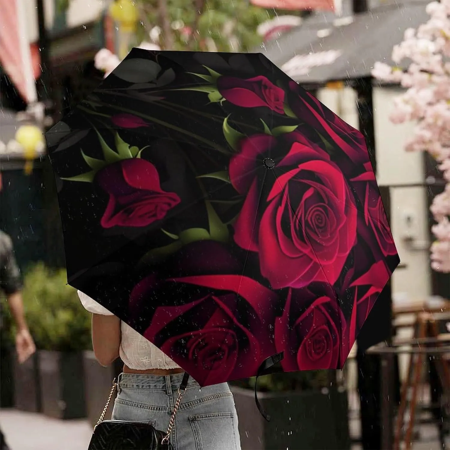 Compact Lightweight Portable Automatic Umbrellas with Teflon Coating/8 Ribs - Red Rose Art Outdoor Umbrellas Water Repellent Umbrella