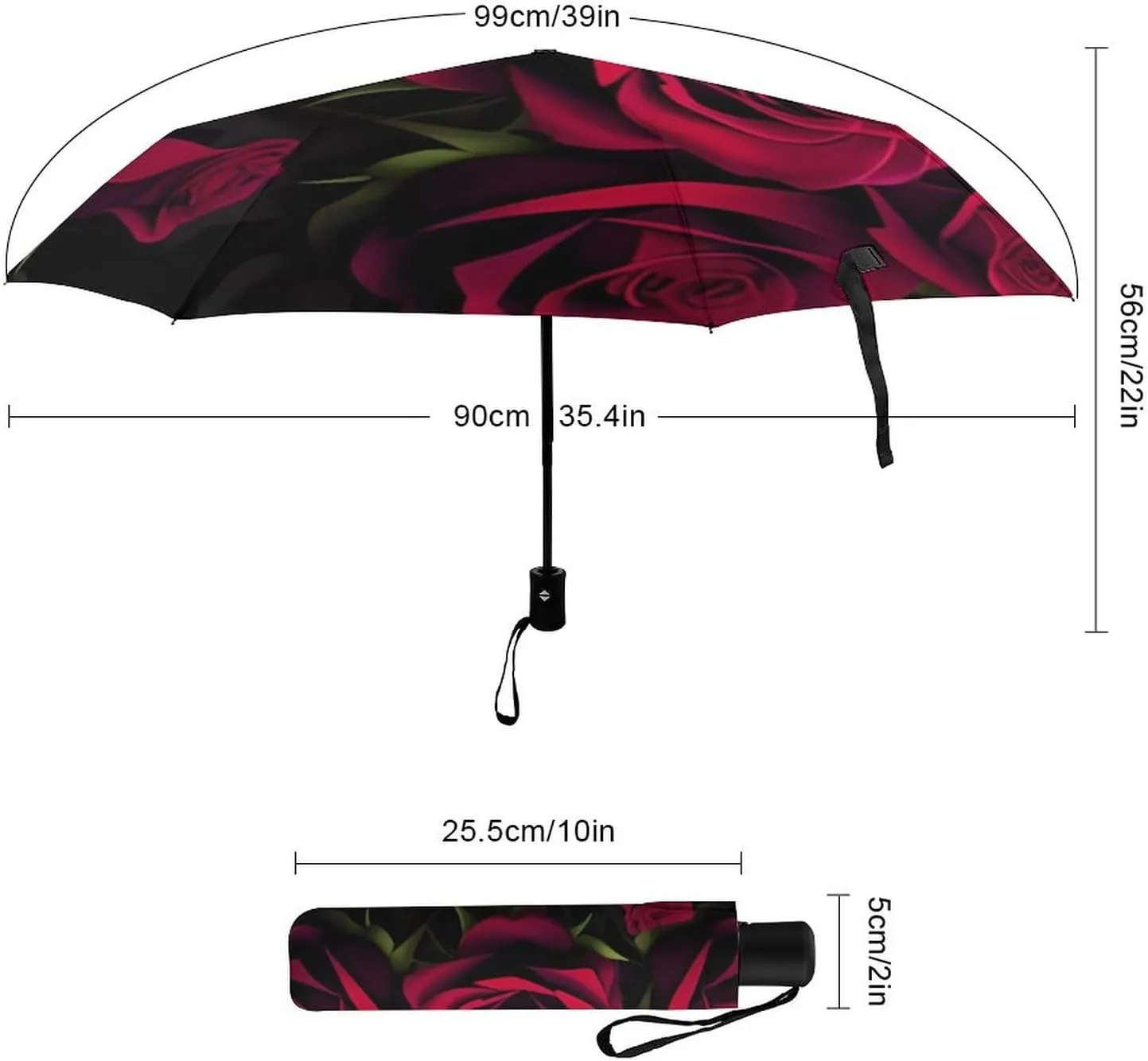 Compact Lightweight Portable Automatic Umbrellas with Teflon Coating/8 Ribs - Red Rose Art Outdoor Umbrellas Water Repellent Umbrella